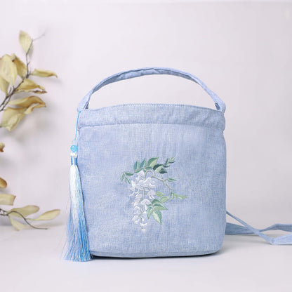 Mythstone Embroidery Wisteria Plum Lotus Cherry Blossom Cotton Linen Canvas Tote Crossbody Bag Shoulder Bag Handbag