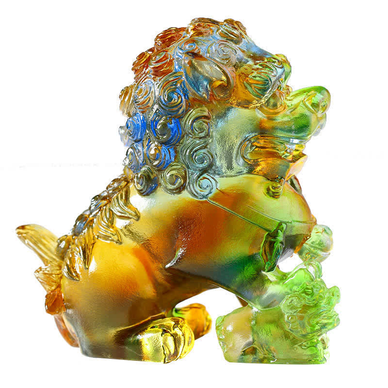 Mythstone Handmade Liuli Crystal Lion Art Piece Strength Home Office Decoration