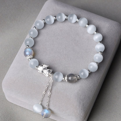 Mythstone Natural Cat's Eye Moonstone Strawberry Quartz PiXiu Support Bracelet