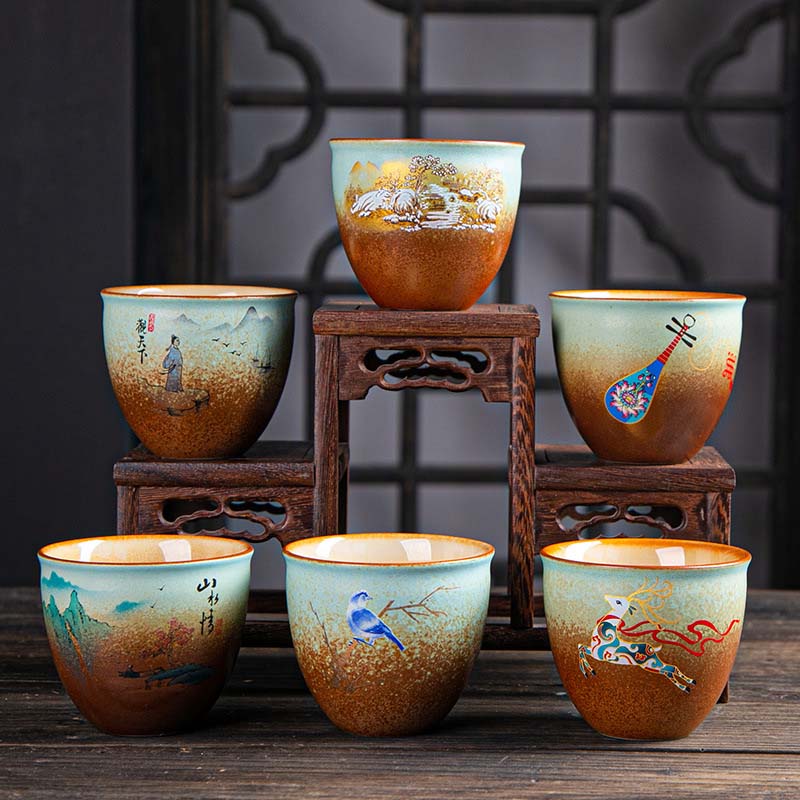 Mythstone Colorful Deer Pipa Snow Plum Blossoms Mountains Rivers Bird Ceramic Teacup Kung Fu Tea Cup Bowl