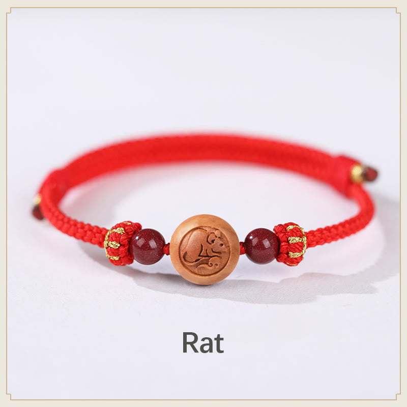 Mythstone Natural Peach Wood Chinese Zodiac Fu Character Carved Cinnabar Wealth Bracelet