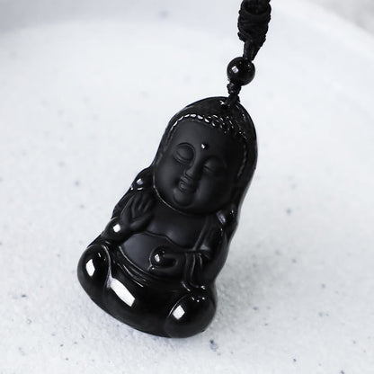 Mythstone Natural Black Obsidian Crystal Buddha Strength Protection Amulet Lucky Charm Pendant Necklace