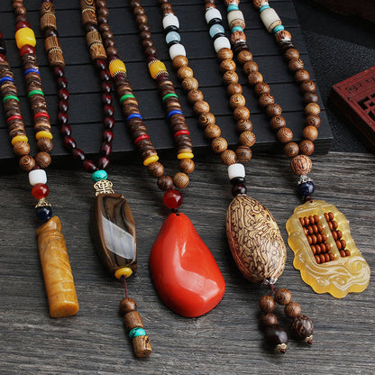 Mythstone Tibetan Wenge Wood Bodhi Seed Agate Balance Peace Necklace Pendant