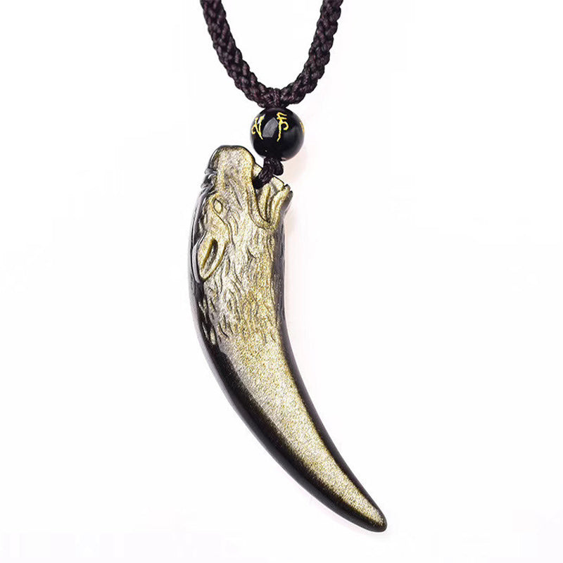 Mythstone Natural Black Obsidian Ice Obsidian Rainbow Obsidian Wolf Tooth Pattern Strength Necklace Pendant