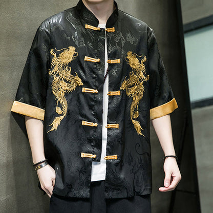 Mythstone Frog-Button Chinese Dragon Embroidery Half Sleeve Shirt Linen Men Clothing