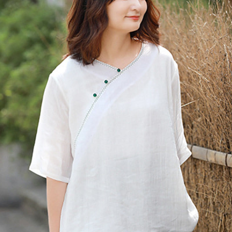 Mythstone V-Neck Ramie Linen Loose Casual Blouse Short Sleeve Shirt Chinese Style Top