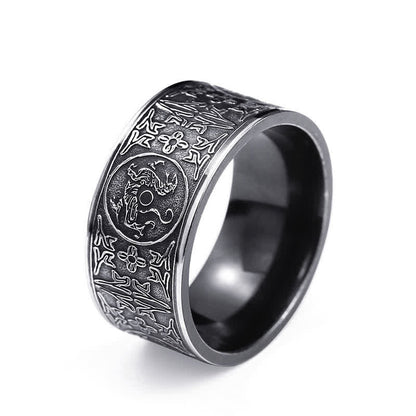 Mythstone Four Guardian Beast Dragon White Tiger Suzaku Basalt Carved Success Luck Ring