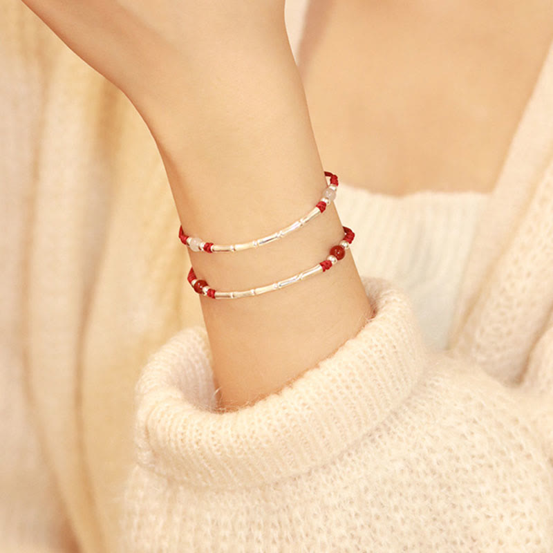 Mythstone 925 Sterling Silver Bamboo White Agate Red Agate Bead Protection String Braided Bracelet