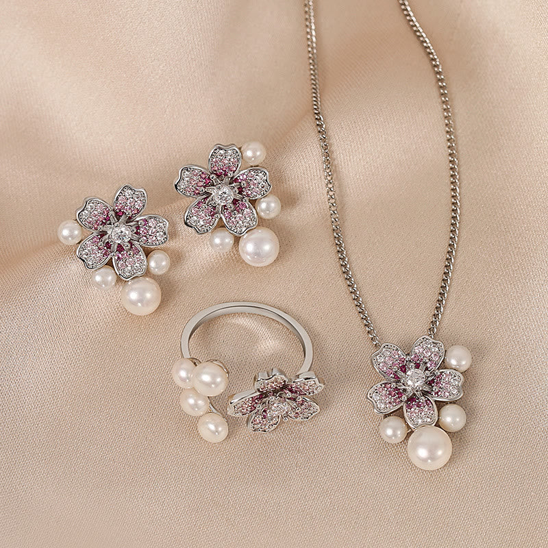 Conjunto de collar, anillo, pendientes y colgante con diseño de flor de cerezo y sakura de Mythstone 