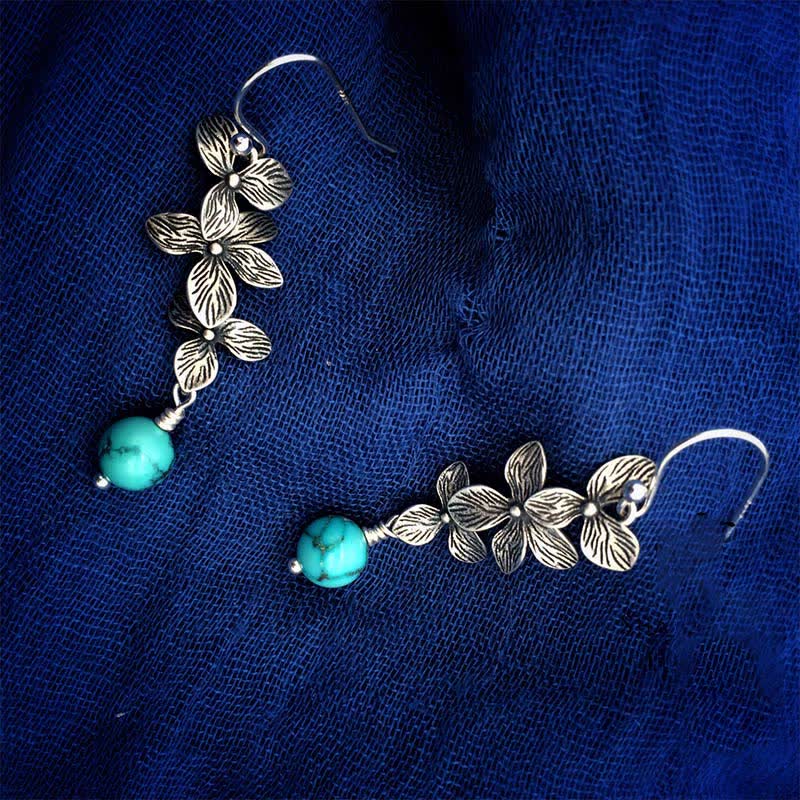 Mythstone 925 Sterling Silver Turquoise Lazurite Flower Leaf Serenity Protection Hook Drop Dangle Earrings