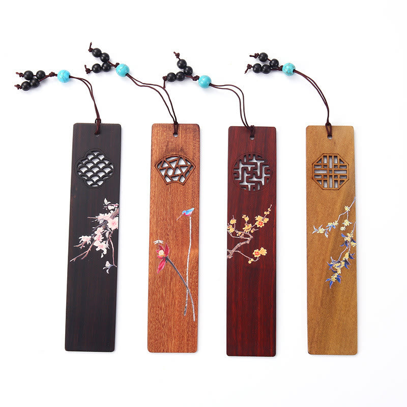 Mythstone 4Pcs Four Seasons Plum Orchid Bamboo Chrysanthemum Peking Opera Mask Wood Bookmarks With Gift Box