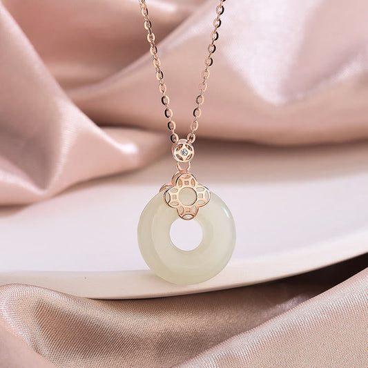 Mythstone 925 Sterling Silver Natural Hetian White Jade Chalcedony Coin Peace Buckle Luck Necklace Pendant