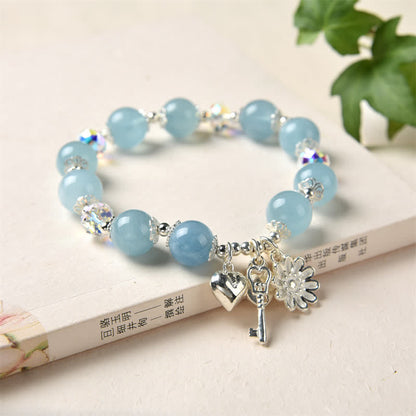 Mythstone 925 Sterling Silver Natural Aquamarine Serenity Flower Love Key Charm Bracelet