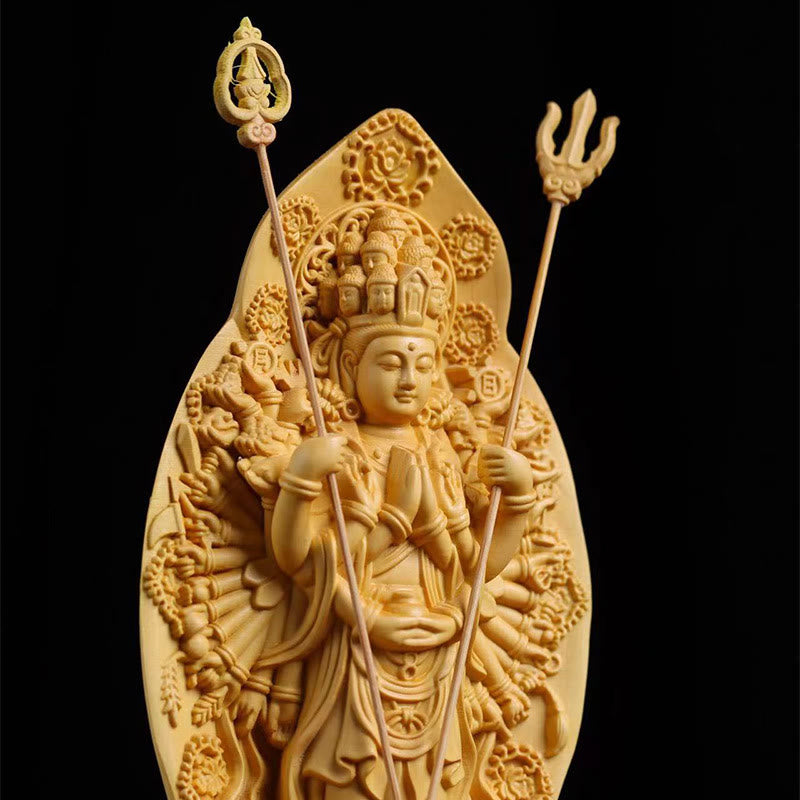 Mythstone Handmade Thousand-armed Avalokitesvara Kwan Yin Bodhisattva Statue Boxwood Abundance Home Decoration