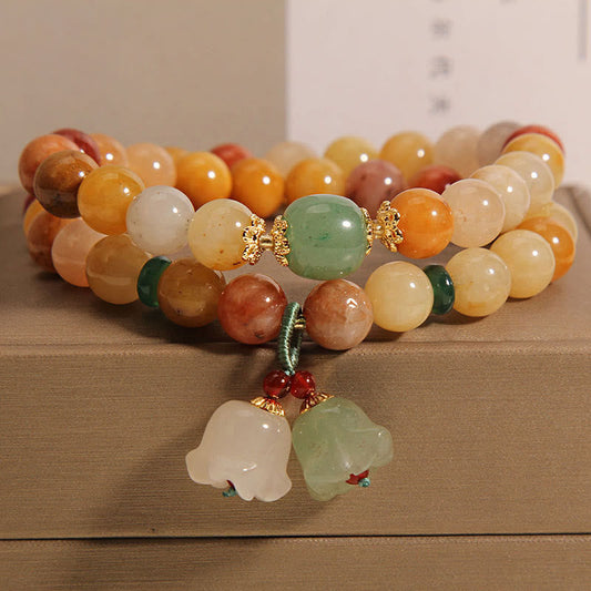 Pulsera de la suerte con orquídea y campana de doble capa de jade y seda dorada natural del Tíbet Mythstone 