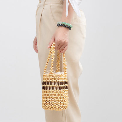 Mythstone Hand-woven Bucket Portable Wooden Beads Handbag