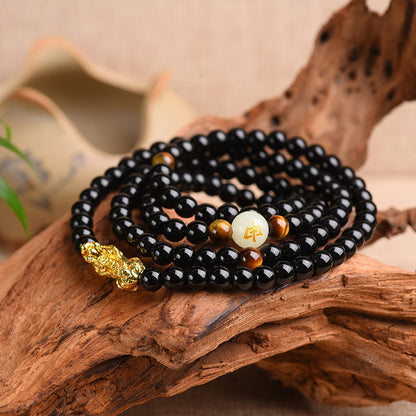 Mythstone Chinese Zodiac Obsidian PiXiu Protection Mala Bracelet