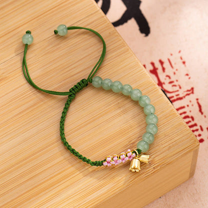 Mythstone Handmade Jade Bead Lily of the Valley Charm Luck Braided Bracelet