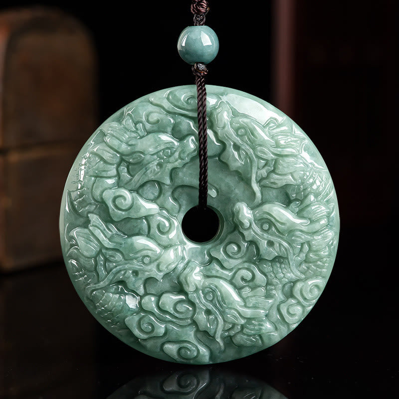 Mythstone Year of the Dragon Natural Jade Nine Dragons Peace Buckle Protection Necklace Pendant