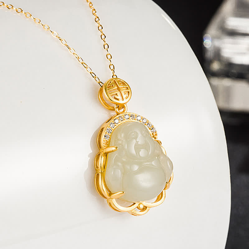 Mythstone 925 Sterling Silver Laughing Buddha Hetian White Jade Protection Necklace Pendant