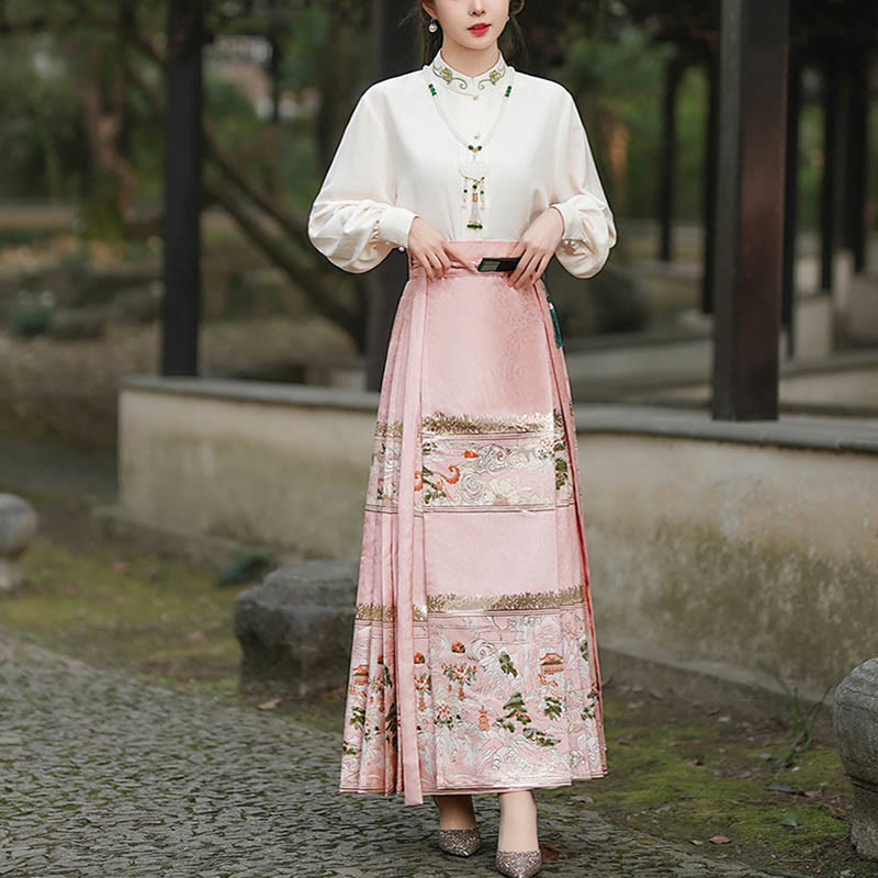 Mythstone Chinese Hanfu Pink Peach Garden Printed Horse Face Skirt Mamianqun