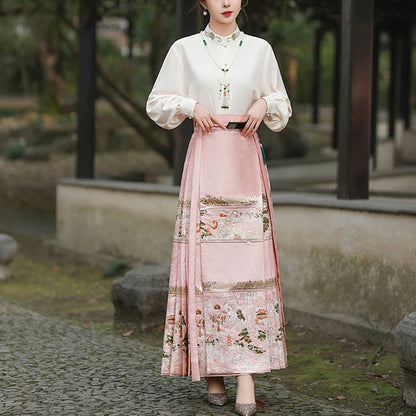 Mythstone Chinese Hanfu Pink Peach Garden Printed Horse Face Skirt Mamianqun