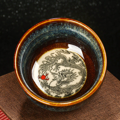 Mythstone Lotus Dragon Phoenix Koi Fish Chinese Jianzhan Ceramic Teacup Kung Fu Tea Cup 110ml