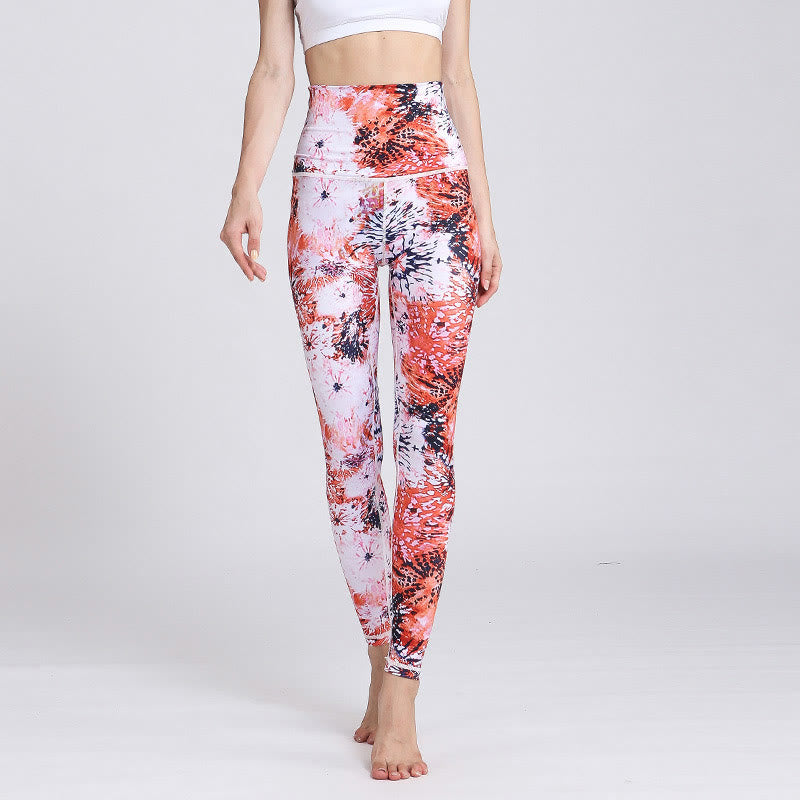 Mythstone Red Pink Flowers Print Sports Fitness Yoga High Waist Leggings Women's Yoga Pants