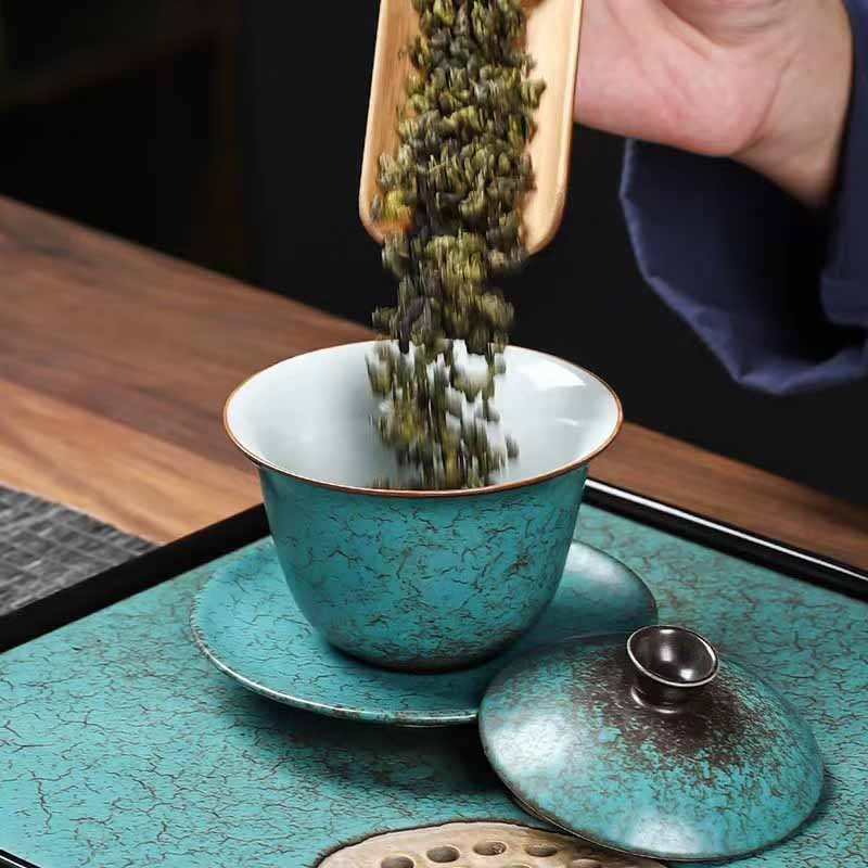 Mythstone Traditional Pine Tree Green Ceramic Gaiwan Sancai Teacup Kung Fu Tea Cup And Saucer With Lid