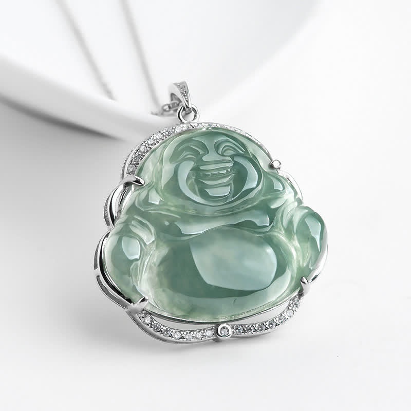 Mythstone 925 Sterling Silver Laughing Buddha Natural Jade Luck Necklace Chain Pendant