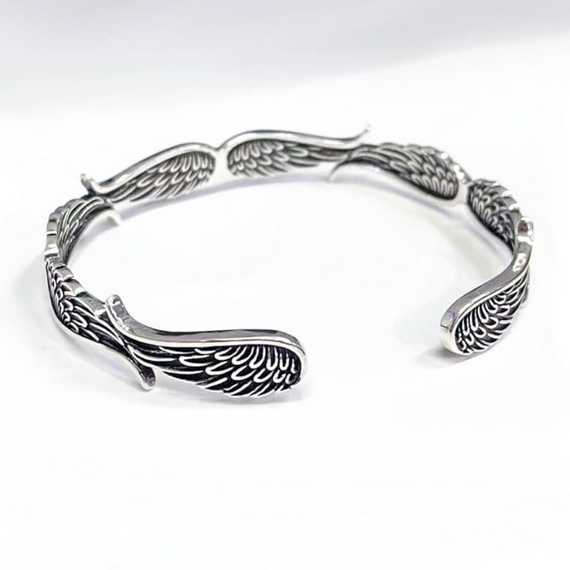 Mythstone Angel Wings Feather Pattern Carved Luck Cuff Bracelet Bangle