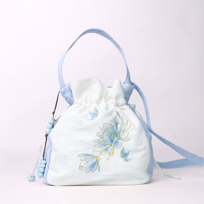 Mythstone Embroidered Butterfly Lotus Magnolia Cotton Linen Tote Crossbody Bag Shoulder Bag Handbag