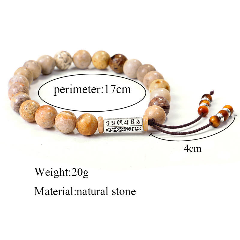 Pulsera fortalecedora Om Mani Padme Hum con piedra desgastada Mythstone