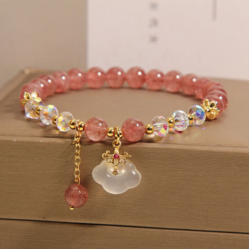 Mythstone Natural Strawberry Quartz Crystal White Agate Auspicious Cloud Healing Bracelet