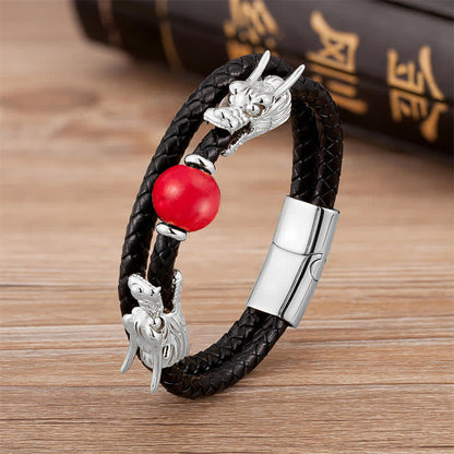 Mythstone Double Dragon Head Leather Stone Titanium Steel Success Bracelet