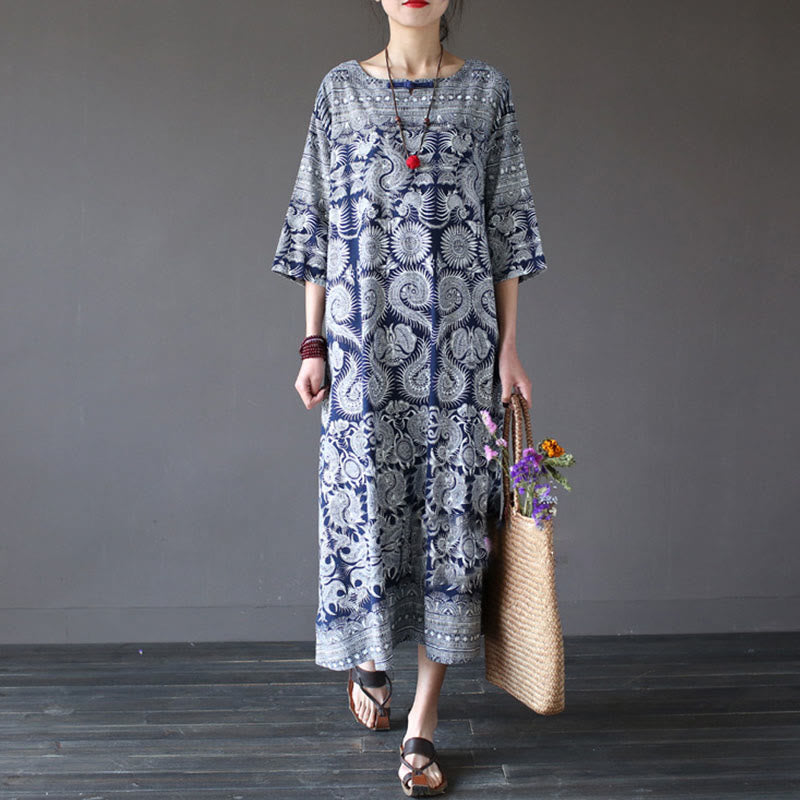 Mythstone Blue White Flower Printed Button Midi Dress Three Quarter Sleeve Cotton Linen Dress With Pockets