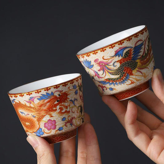 Mythstone 2Pcs Dragon Phoenix Ceramic Teacup Kung Fu Tea Cups