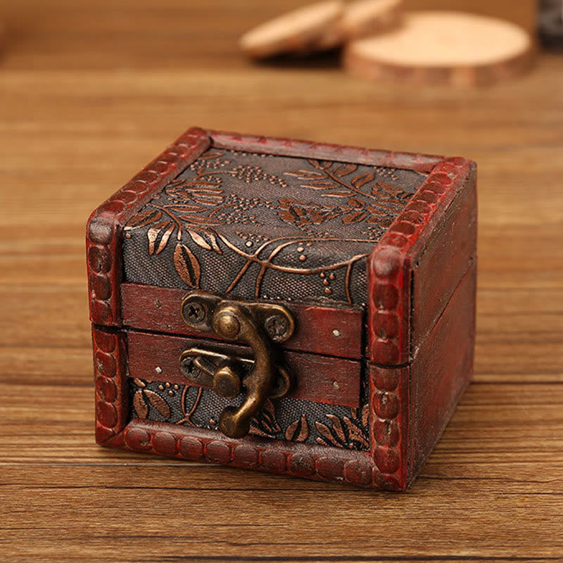 Mythstone Retro Small Square Wood Jewelry Box Lotus Grass Flower Grape Copper Coin Daffodil Jewelry Storage Box