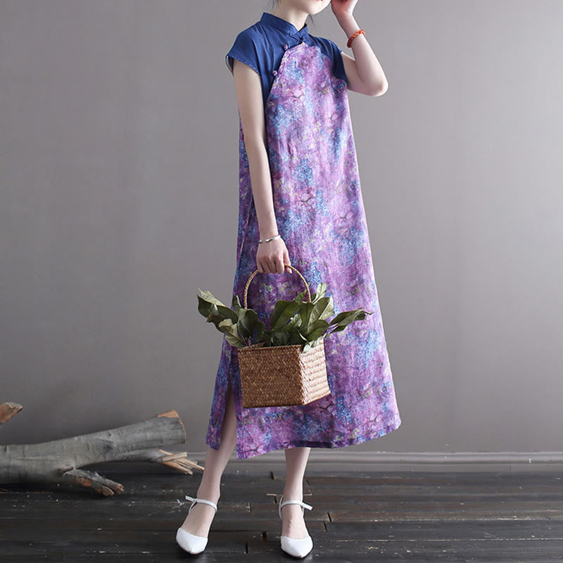 Mythstone Vintage Purple Flower Print Ramie Linen Cheongsam Midi Dress With Pockets