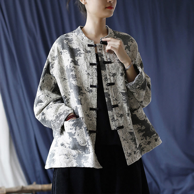 Mythstone Black Gray Print Frog-button Design Long Sleeve Cotton Linen Jacket Shirt With Pockets