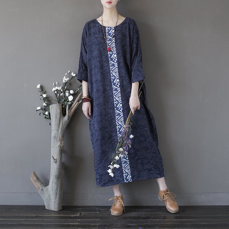 Mythstone Blue Flowers Embroidery Jacquard Midi Dress Three Quarter Sleeve Cotton Dress With Pockets