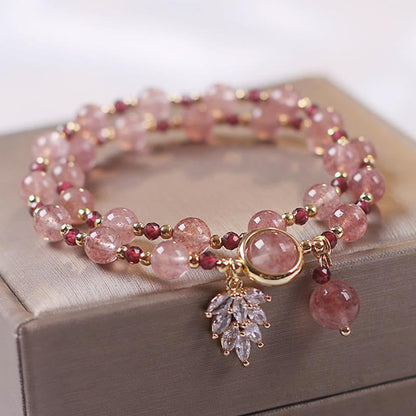 MythStone Natural Strawberry Quartz Love Healing Maple Leaf Charm Double Wrap Bracelet