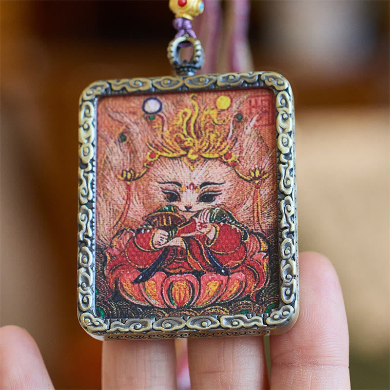 Mythstone Tibetan Hand-Painted Thangka Nine-Tailed Fox Luck Necklace Pendant