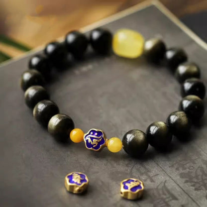 Mythstone 925 Sterling Silver Chinese Zodiac Natal Buddha Natural Gold Sheen Obsidian Amber Wealth Protection Bracelet