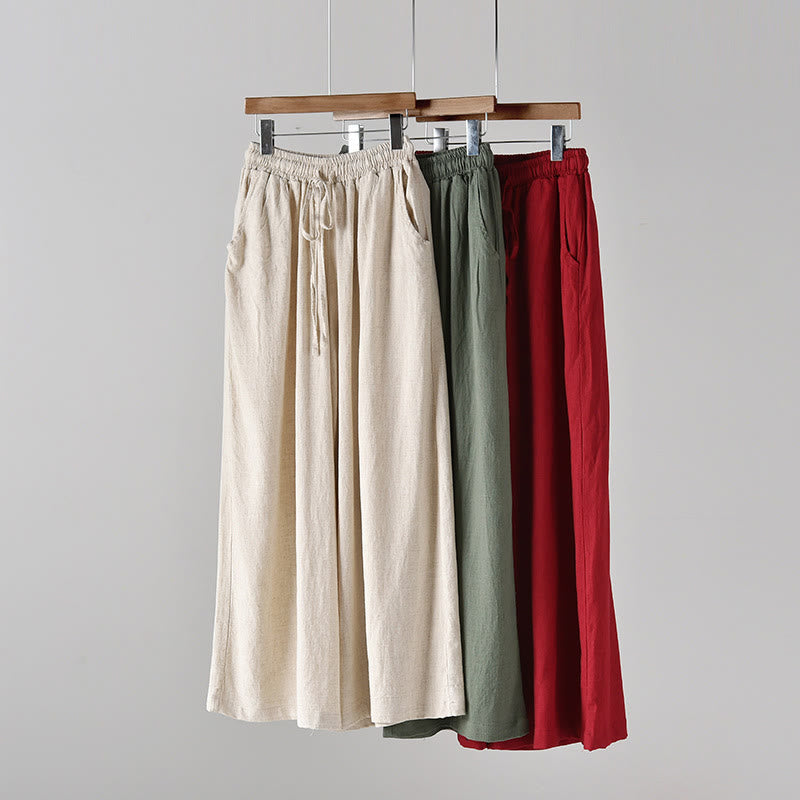 Mythstone Loose Cotton Linen Drawstring Wide Leg Pants With Pockets