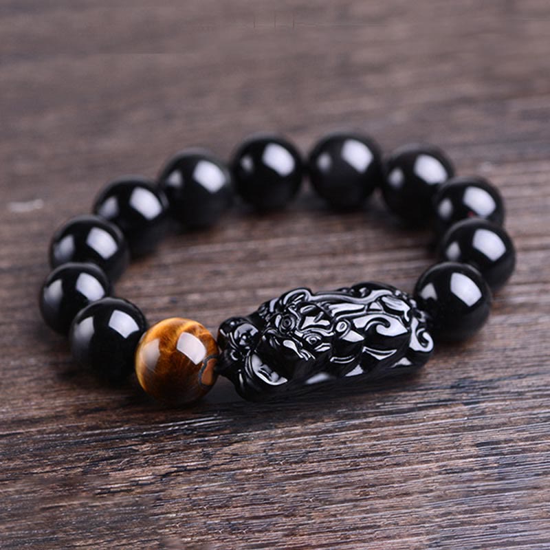 Pulsera de fuerza de ojo de tigre PiXiu con obsidiana negra natural Mythstone 