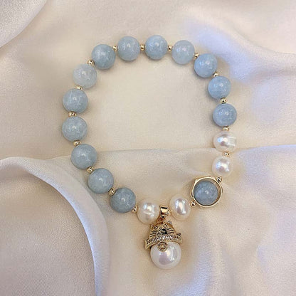 Mythstone Aquamarine Pearl Peace Healing Lucky Cat Charm Bracelet