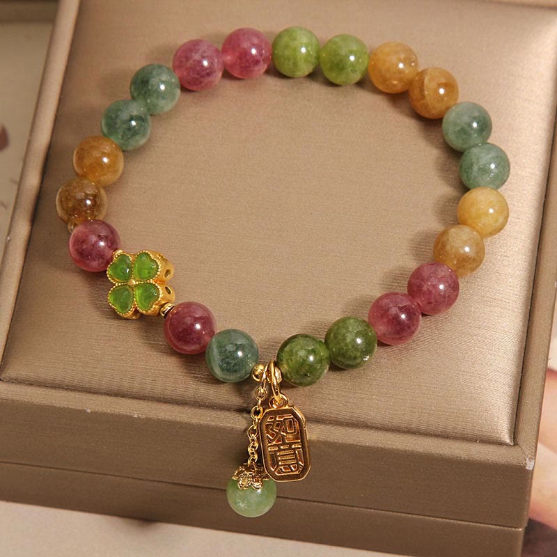 Mythstone Tourmaline Jade Colorful Four-leaf Clover Positive Bracelet