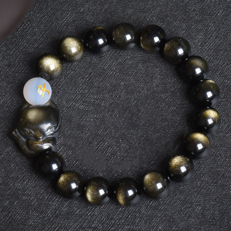 Mythstone Natural Rainbow Obsidian Gold Sheen Obsidian Silver Sheen Obsidian Fox Healing Bracelet