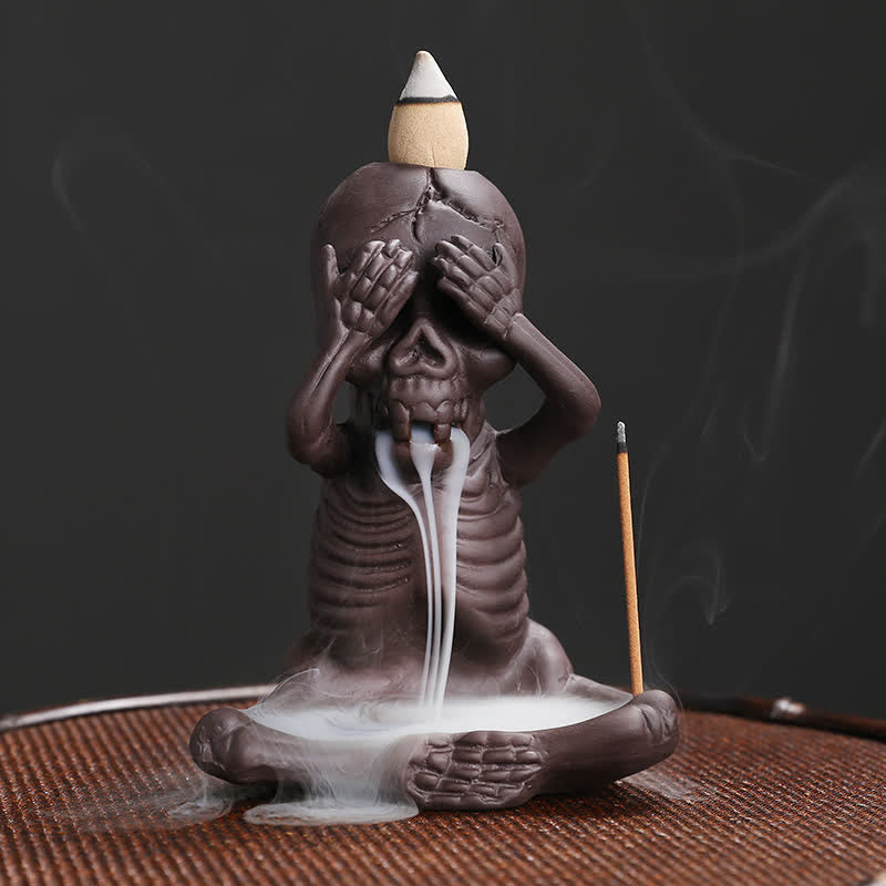 Mythstone Little Skull Ghost Purple Clay Backflow Smoke Fountain Peace Incense Burner Decoration